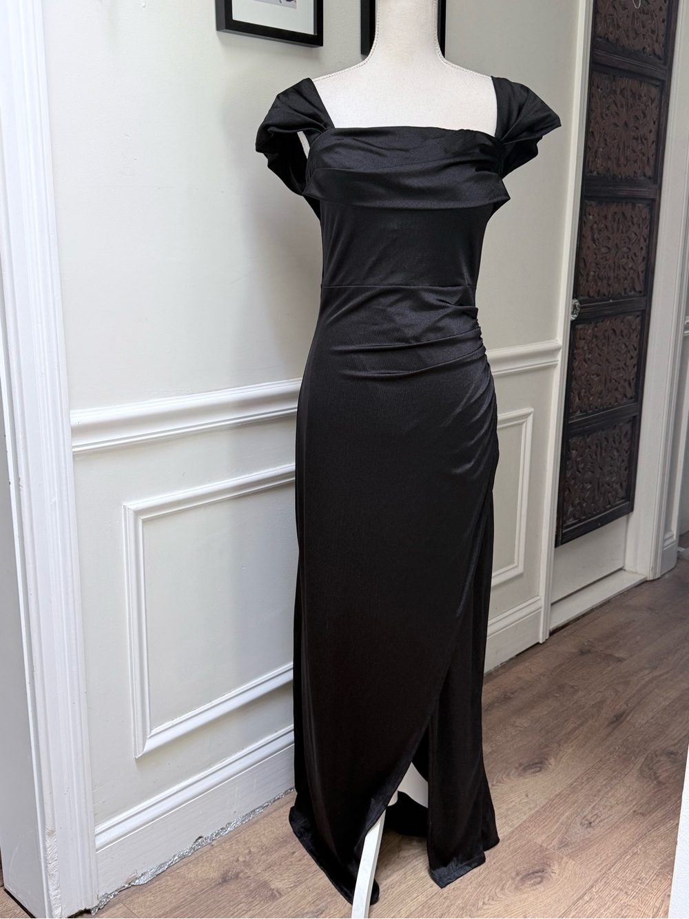 Popilush Metallic Shapewear Maxi Dress Off Shoulder Ruched High Slit Black L - Picture 6 of 16